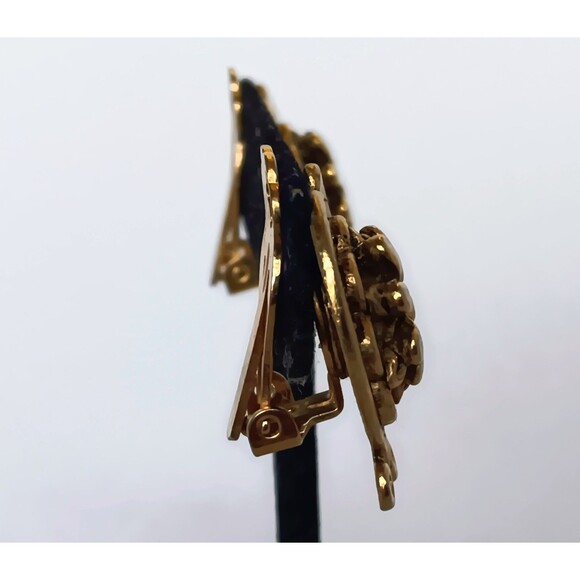 Vintage Unsigned Goldtone Black Rhinestone Lyre Heart Clip On Earrings 1.25 in - Picture 7 of 9